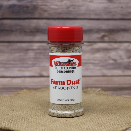A jar of Weaver's Dutch Country Seasonings Farm Dust Seasoning with a red lid.