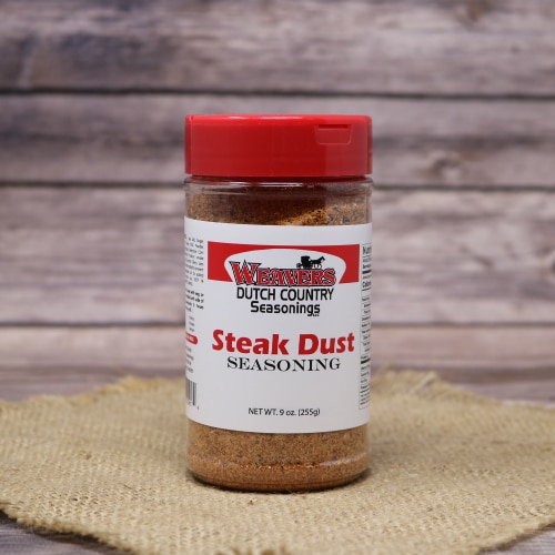 A jar of Weaver's Dutch Country Seasonings Steak Dust Seasoning with a red lid.