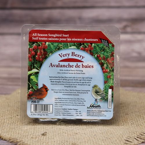 A square package of Very Berry Suet Cake on rustic burlap with a wooden background.