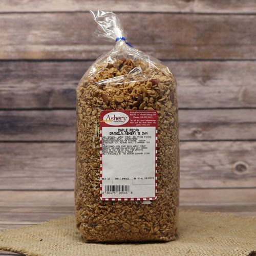 A bag of Maple Pecan Granola Ashery's Own on rustic burlap with a wooden background.