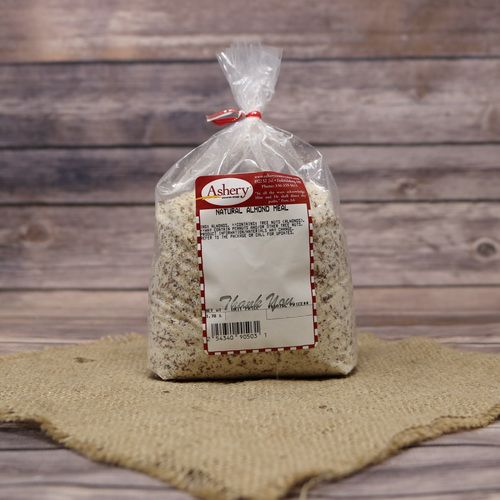 A bag of Natural Almond Meal, sealed with a twist tie, on rustic burlap with a wooden background.
