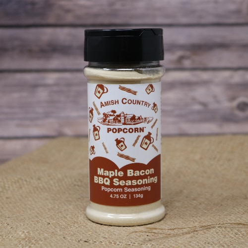 Small bottle of maple bacon seasoning with a brown and cream label
