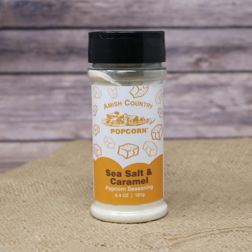 Small bottle of sea salt caramel seasoning with a orange and brown label
