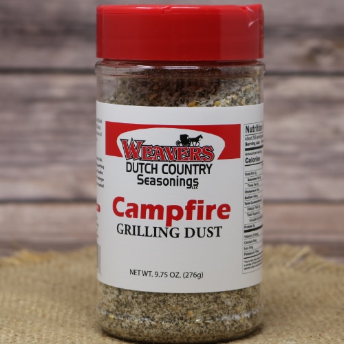 A jar of Weaver's Dutch Country Seasonings Campfire Grilling Dust with a red lid.