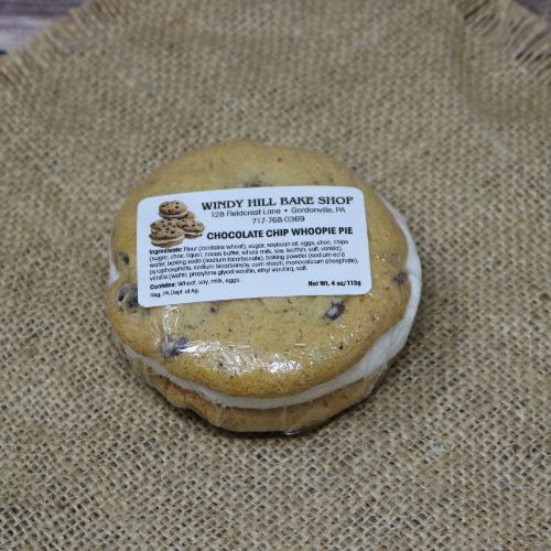 Individually wrapped Chocolate Chip Whoopie Pie on burlap