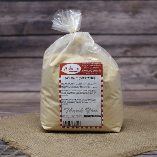 Clear plastic Ashery bag with red and white sticker label filled with flour
