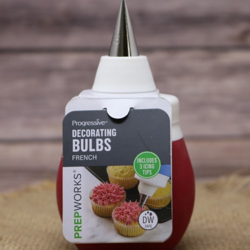 Close-up of Progressive Prepworks Decorating Bulb with French tip and packaging label.