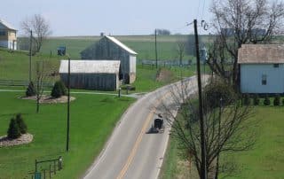 Country road with a horse and buggy on it and an Amish farm beside it.